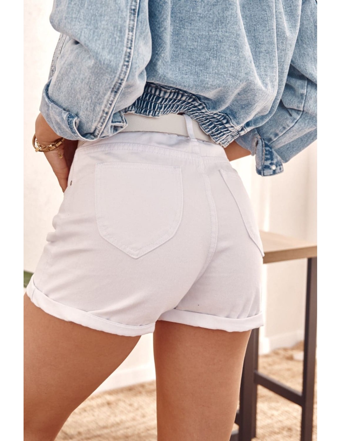 High-waisted denim shorts, white 6200 - Online store - Boutique